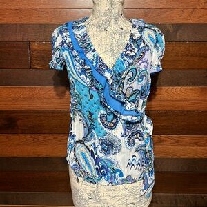 Sunni Leigh V Neck Short Sleeve Ruffled Floral Paisley Print Wrap Blouse